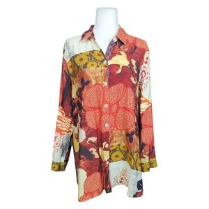 John Mark Patchwork Floral Button Down Shirt Multicolor Art to Wear Boho Artsy L